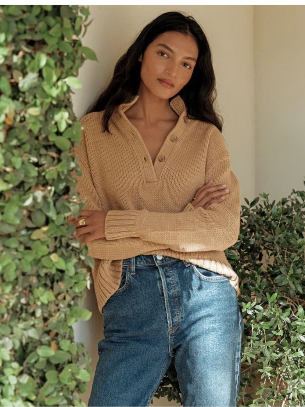 JENNI KAYNE Chase Button Pullover Camel Small